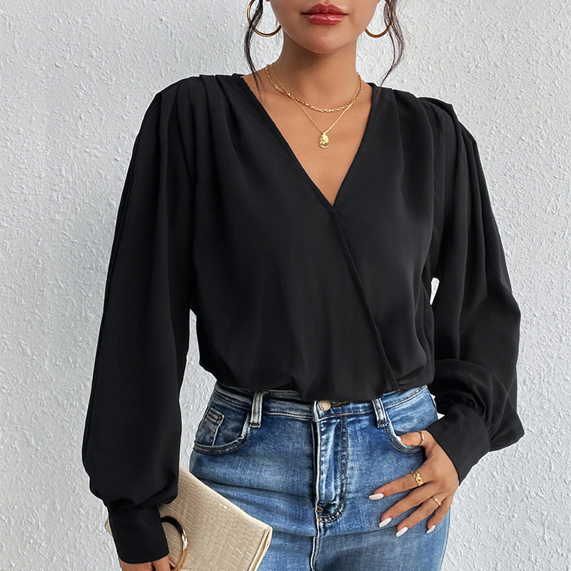 Rosgrove | Women - Elegant V-Neck Blouse - Voluminous Sleeves