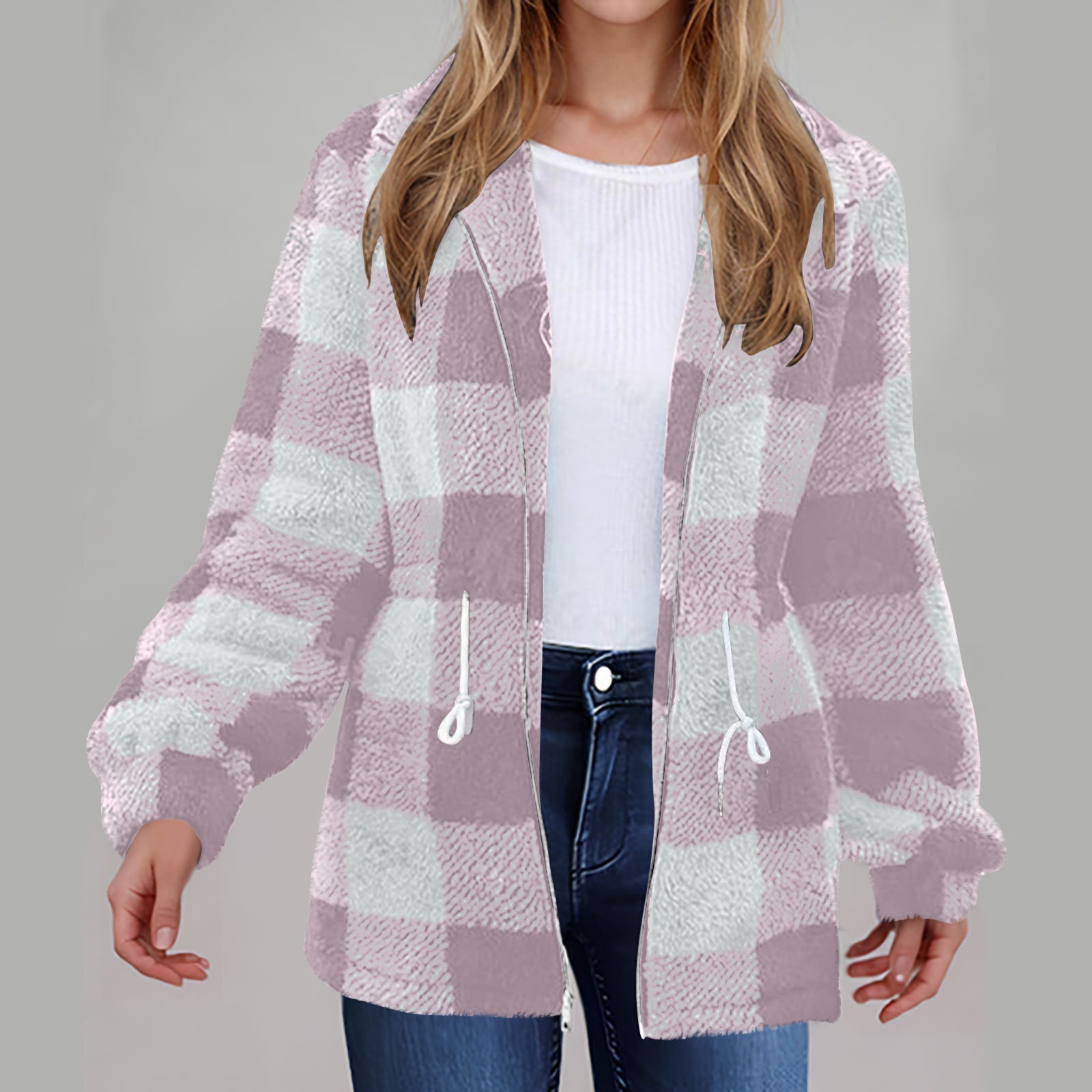 Rosgrove | Women -  Checked Plush Jacket with Zip Closure