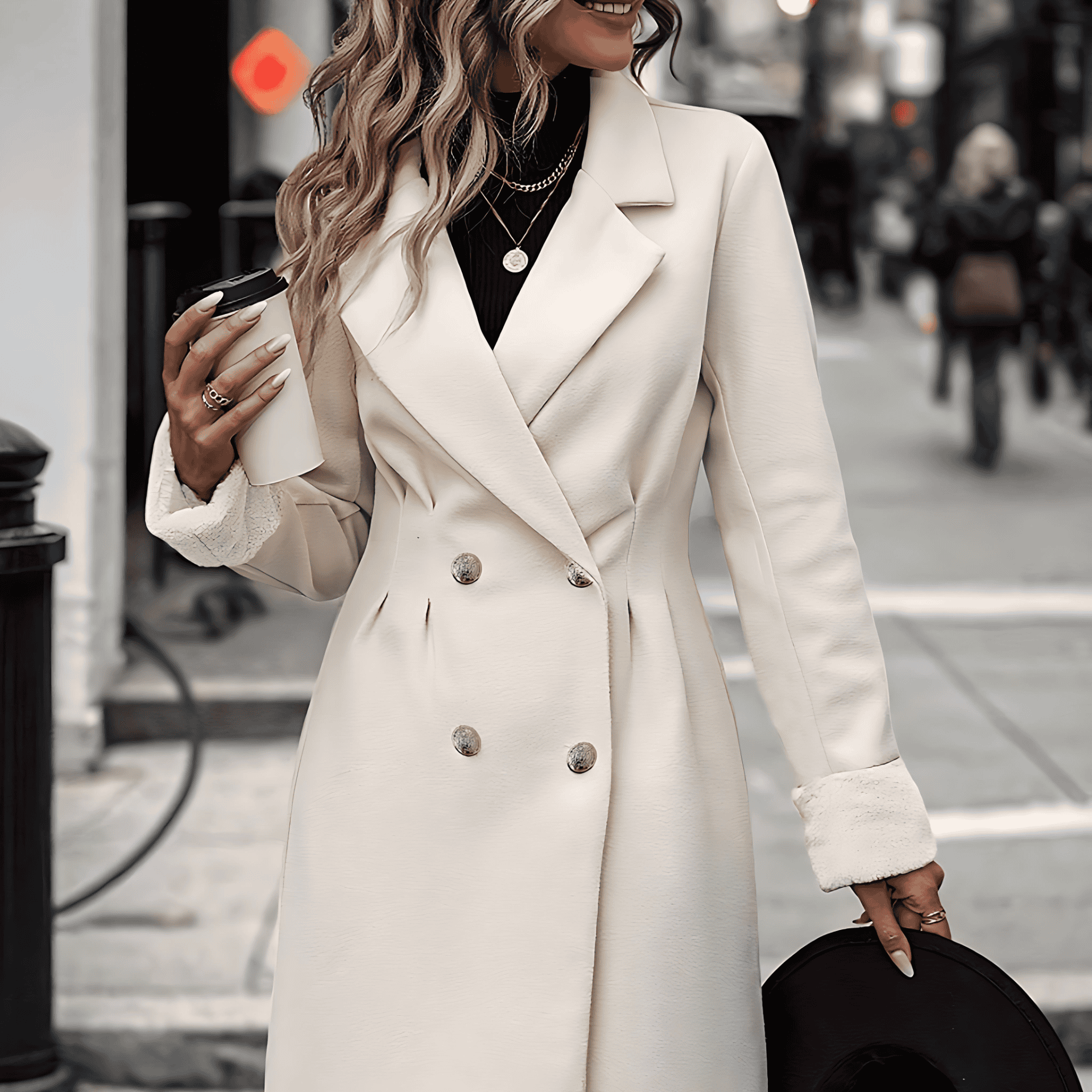 Rosgrove | Women - Apricot Double-Breasted Coat - Fuzzy Cuffs