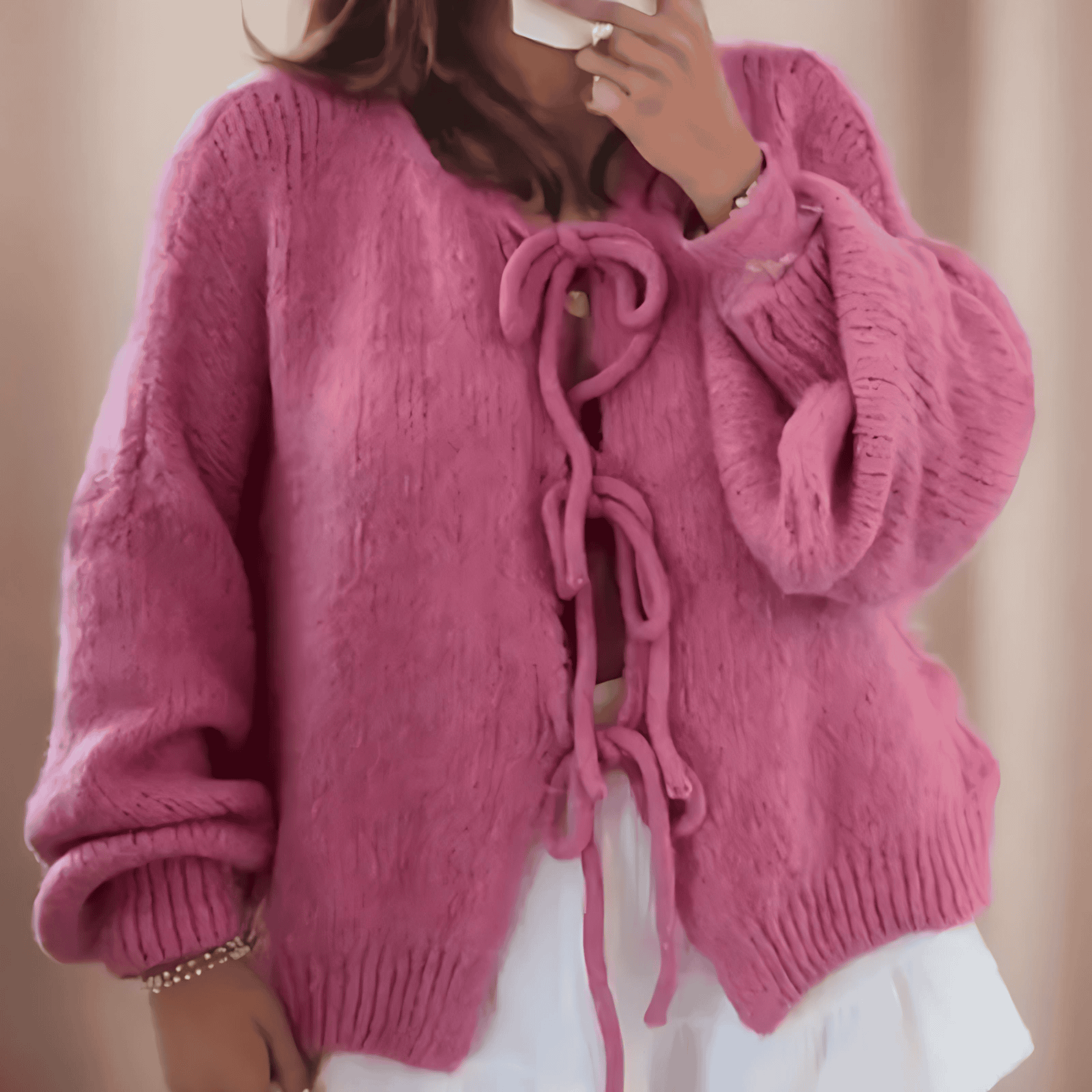 Rosgrove | Women - Balloon Sleeves Knitted Cardigan - Tie Front
