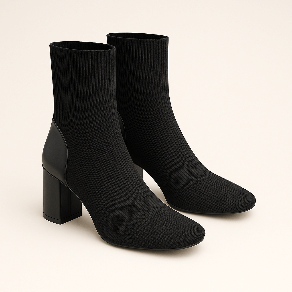 Rosgrove | Women - Black Knitted Ankle Boots - Chunky Heel