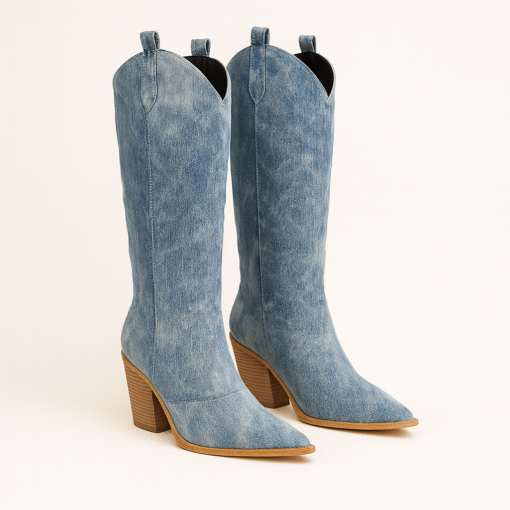 Rosgrove | Women - Blue Knee High Boots - V-Cut Block Heel