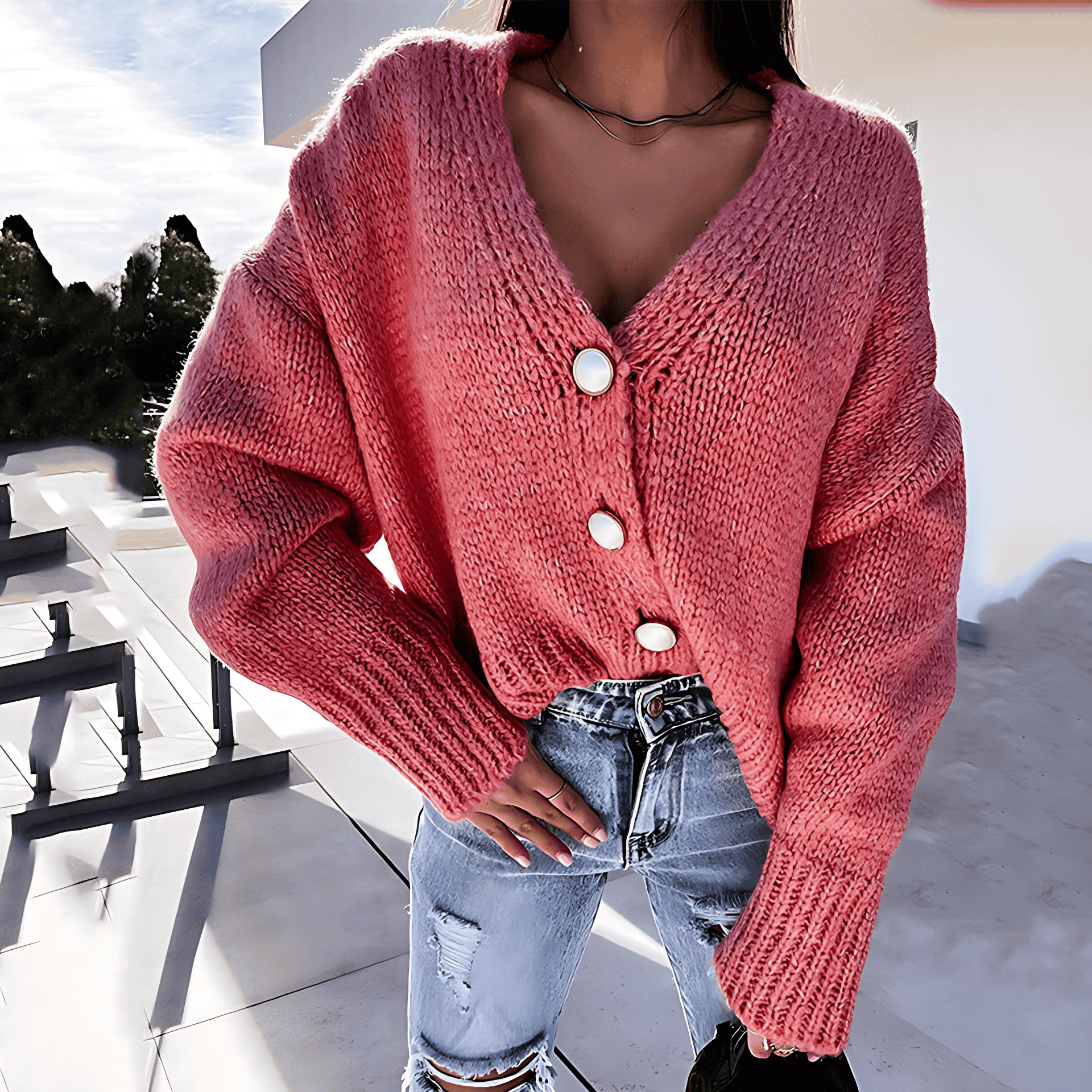 Rosgrove | Women - Casual V-Neck Cardigan with Button Details