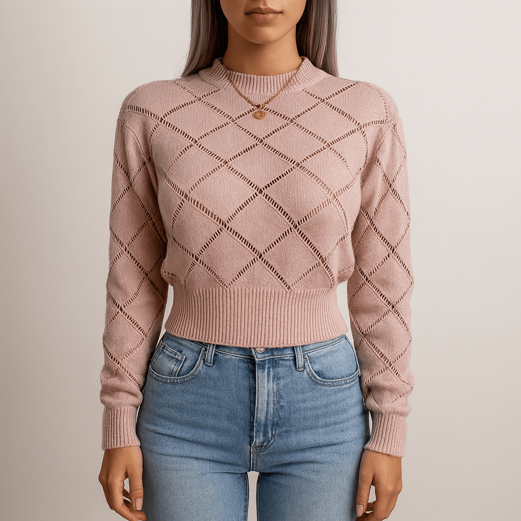Rosgrove | Women - Cropped Knitted High Neck Pullover Jumper - Diamond Pattern