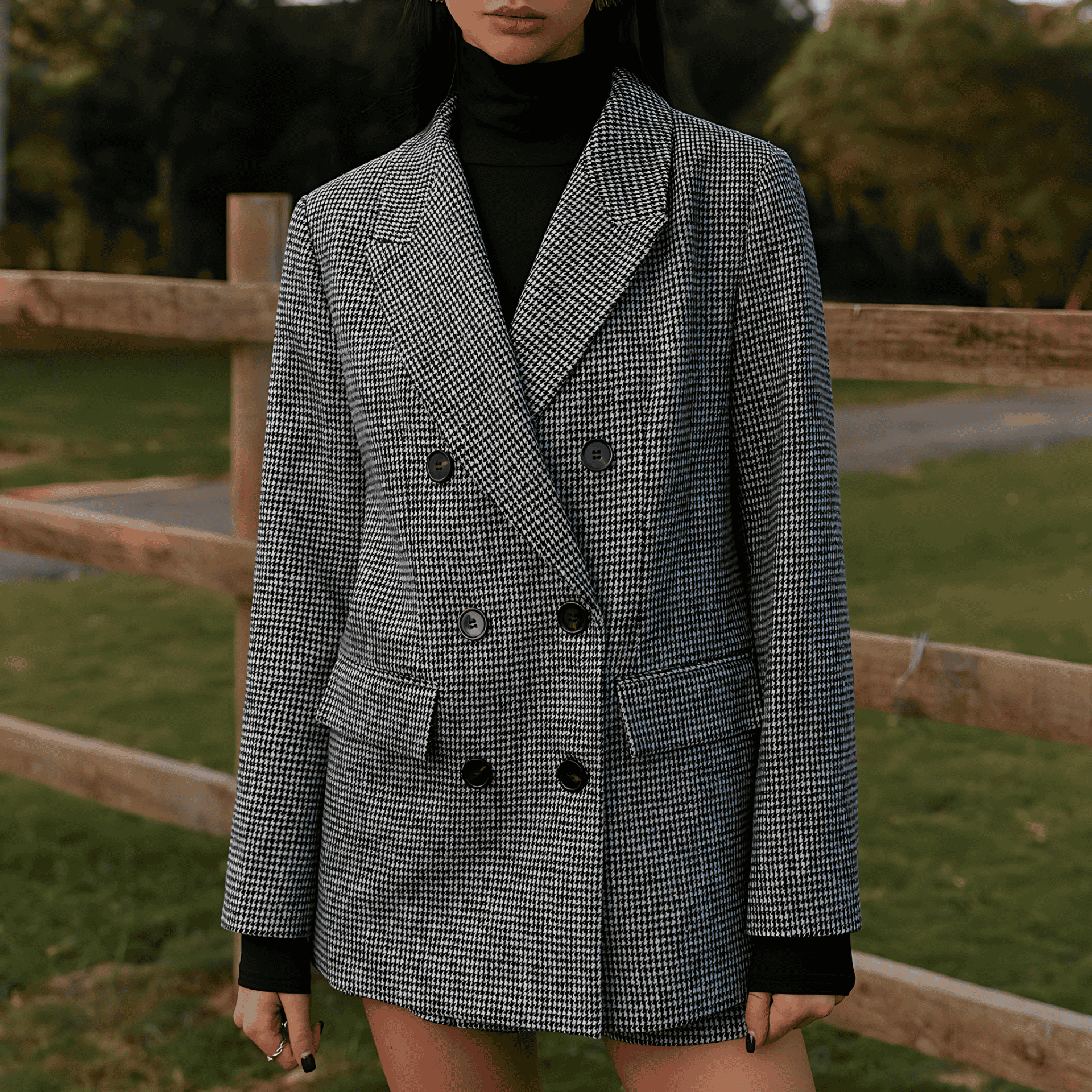 Rosgrove | Women - Double-Breasted Tweed Blazer - Houndstooth pattern