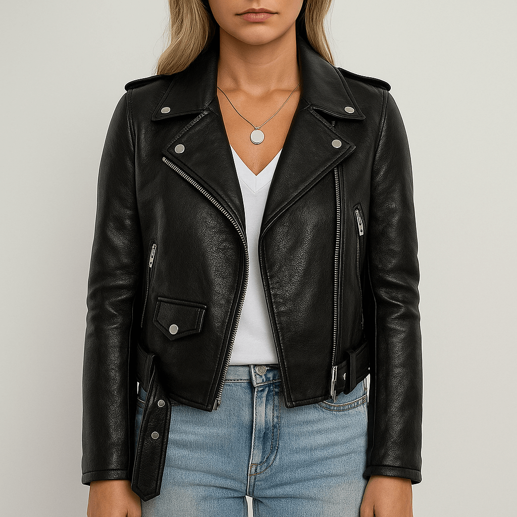 Rosgrove | Women - Faux Leather Jacket – Belted Zip-Up Style