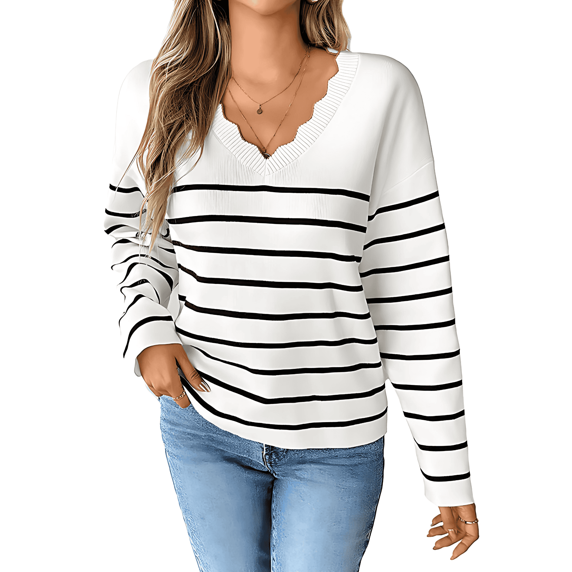 Rosgrove | Women - Knitted V-Neck Jumper - Striped Pattern