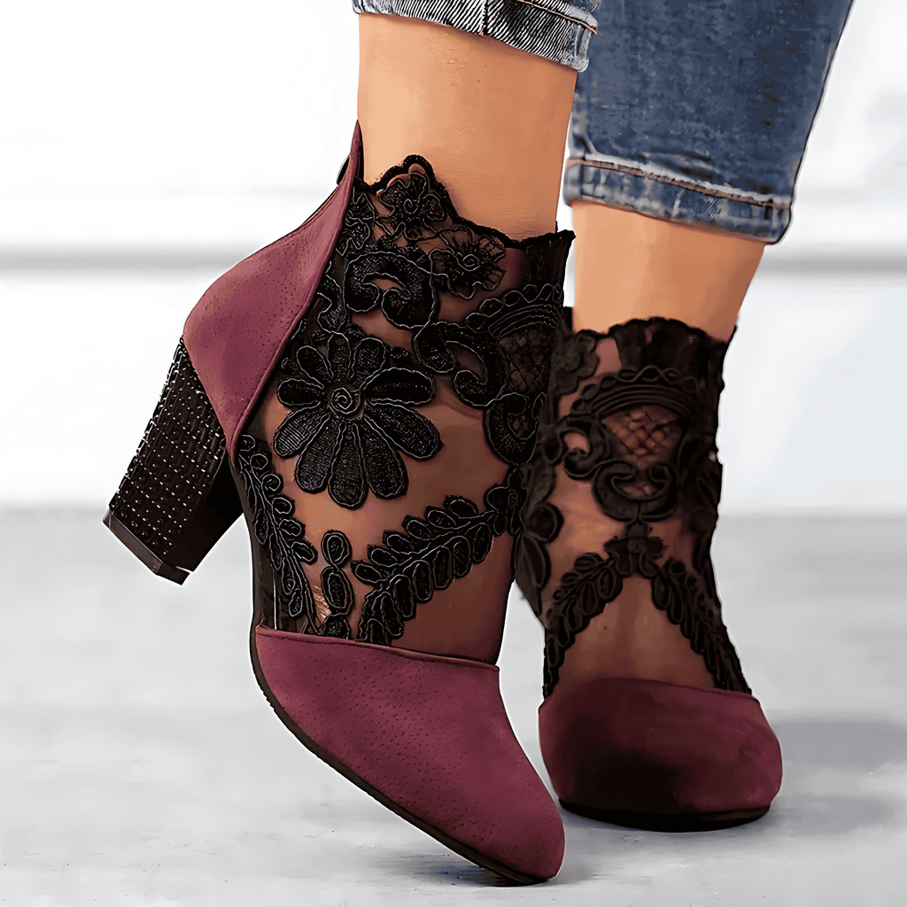 Rosgrove | Women - Lace Ankle Boots – Floral Sheer Design