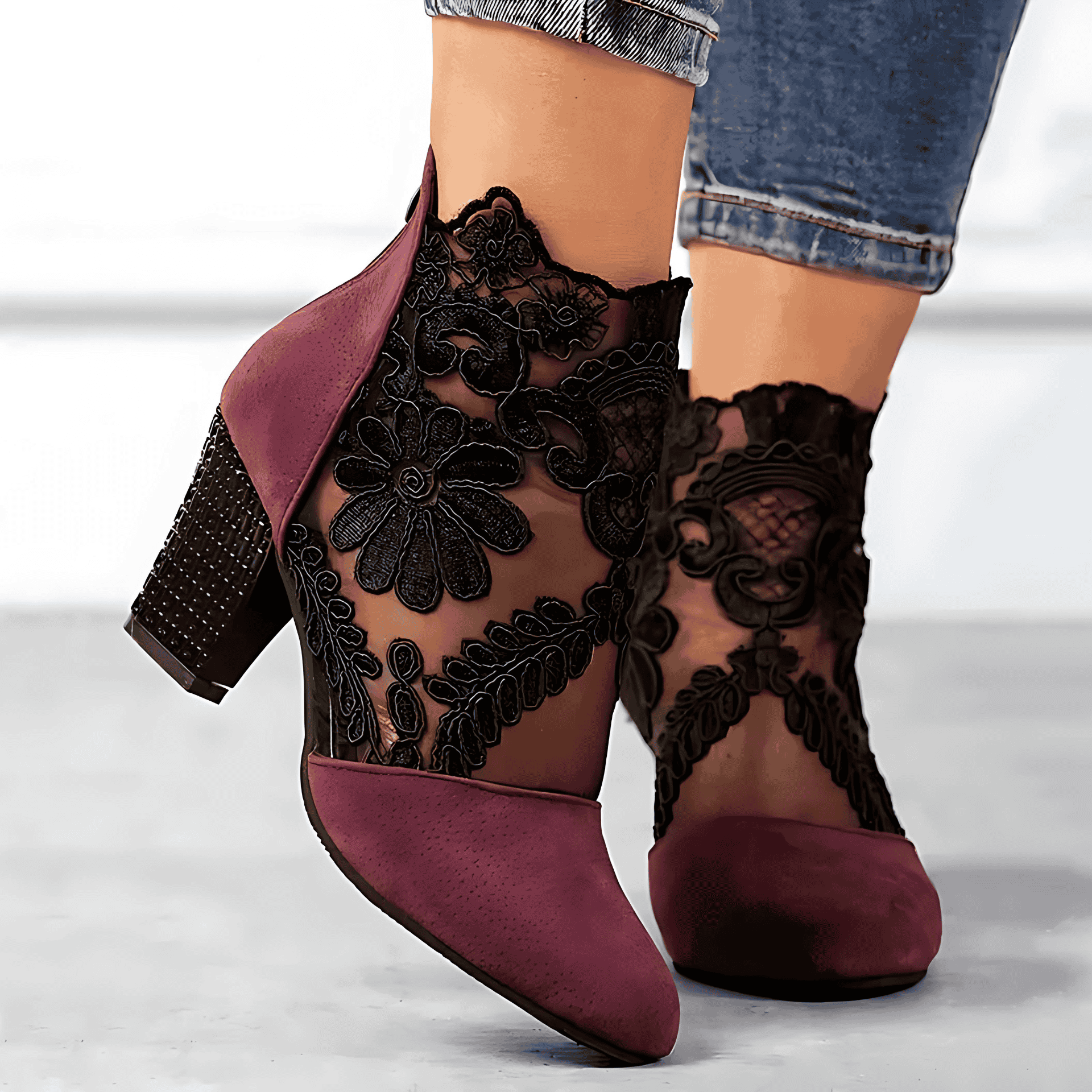 Rosgrove | Women - Lace Ankle Boots – Floral Sheer Design