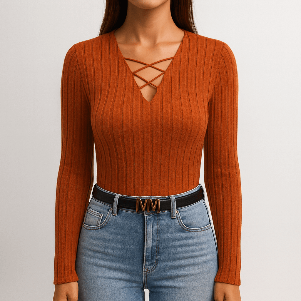 Rosgrove | Women - Long-Sleeved V-Neck Shirt - Ribbed Texture
