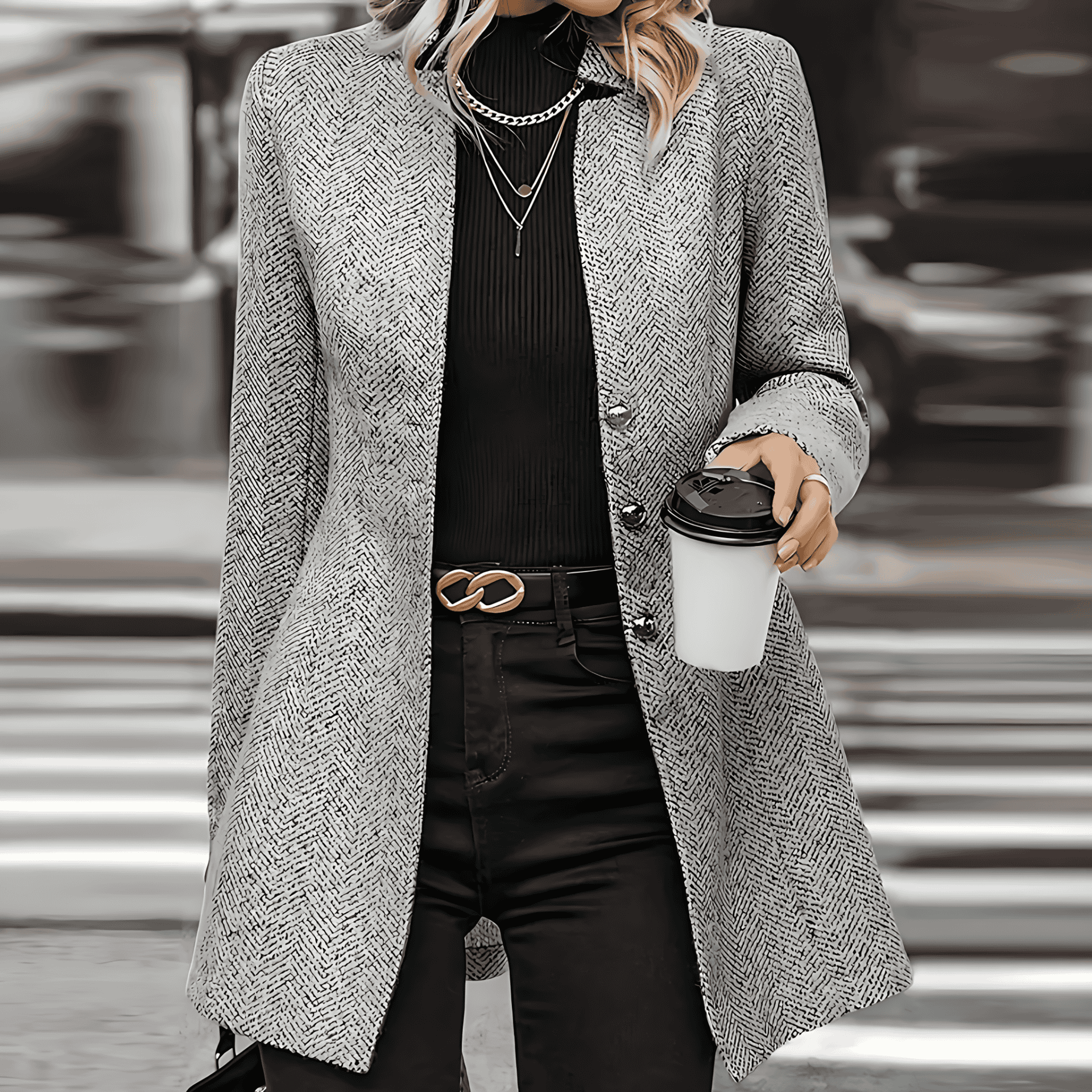 Rosgrove | Women - Longline Herringbone Coat - Tailored Style