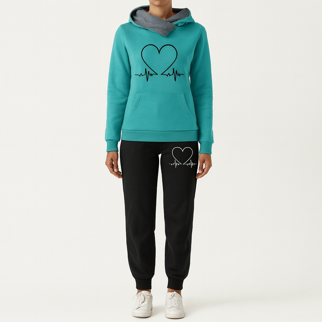 Rosgrove | Women - Loungewear Set - Heartbeat Print Hoodie & Joggers