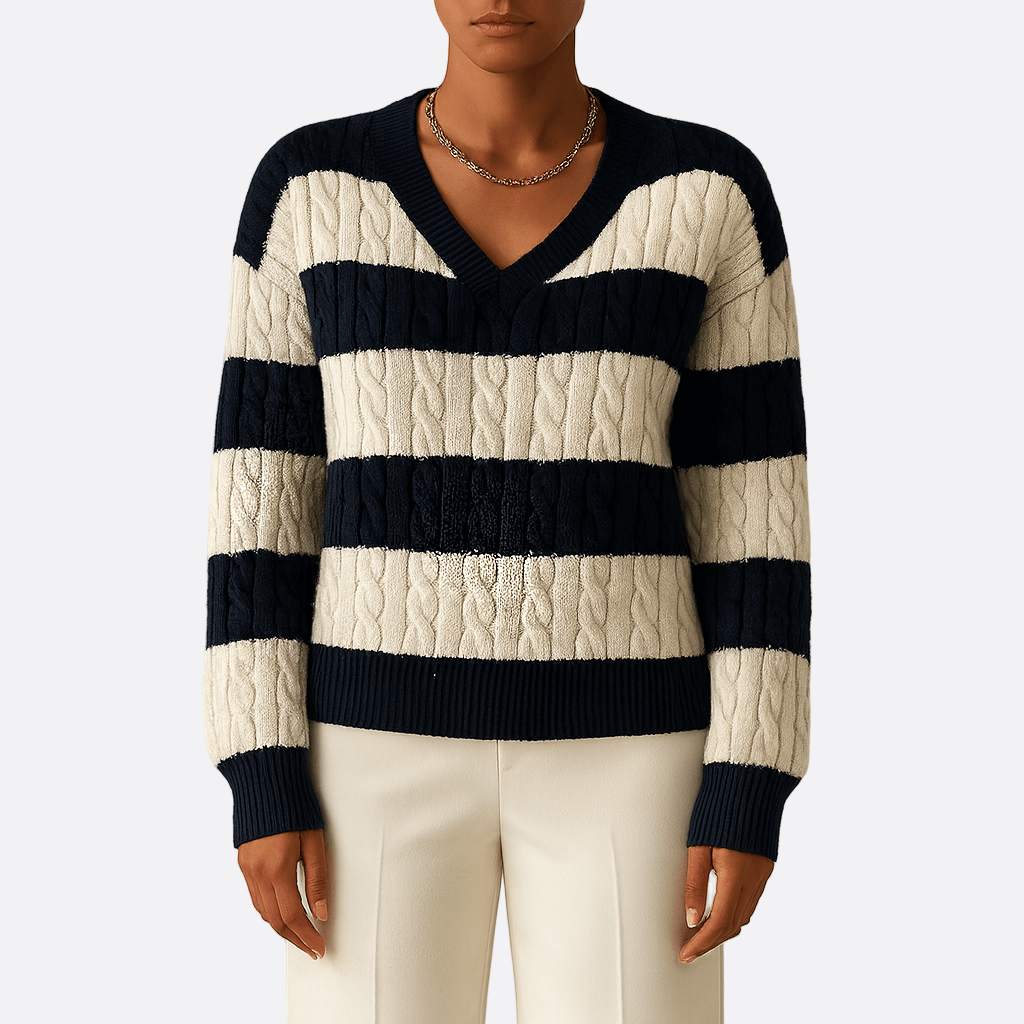 Rosgrove | Women - Oversized V-Neck Cable Knit Jumper - Striped