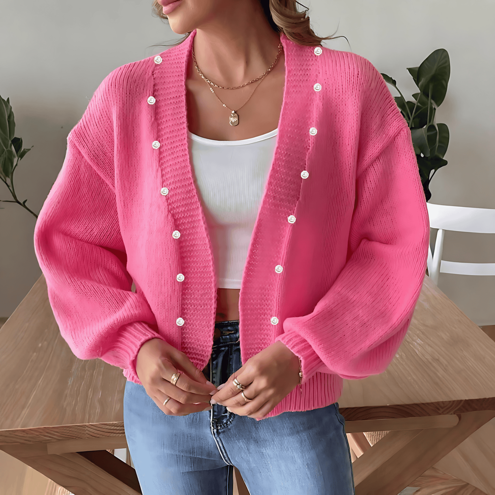 Rosgrove | Women - Pearl Button Cardigan - Wide Cut Style