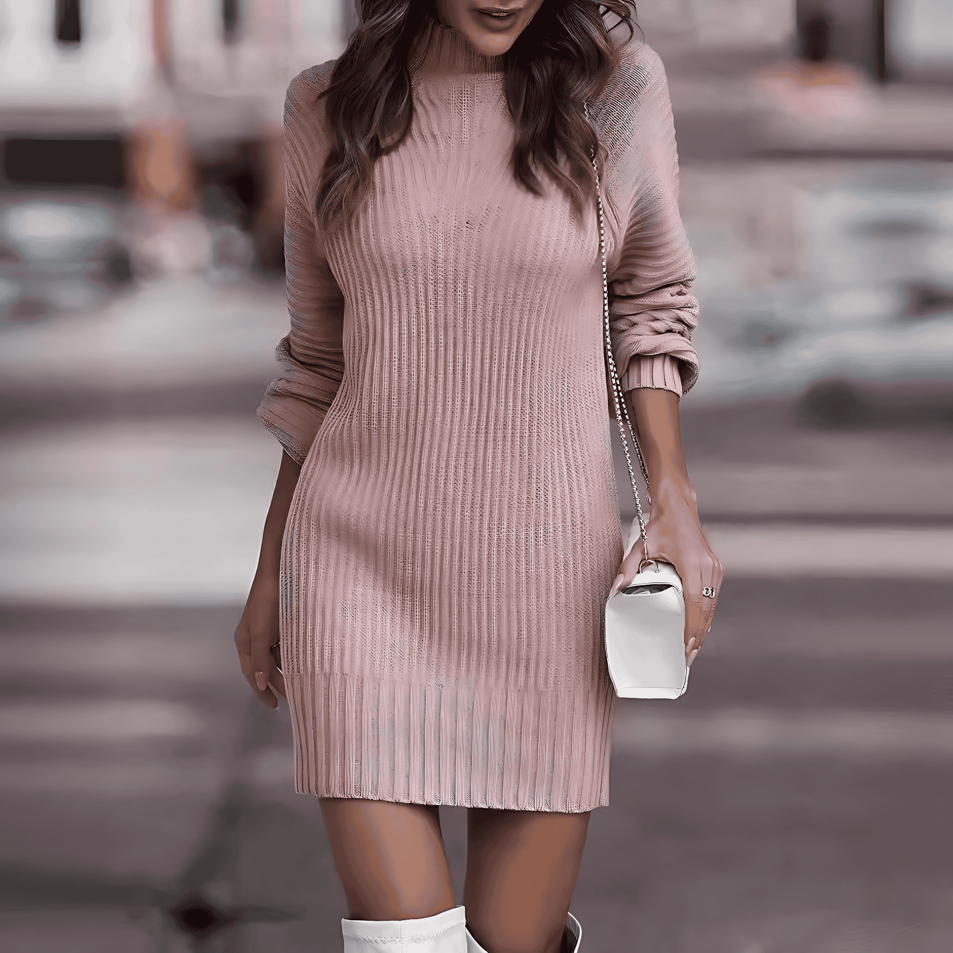 Rosgrove | Women - Ribbed Knitted Mini Dress - Stand Collar
