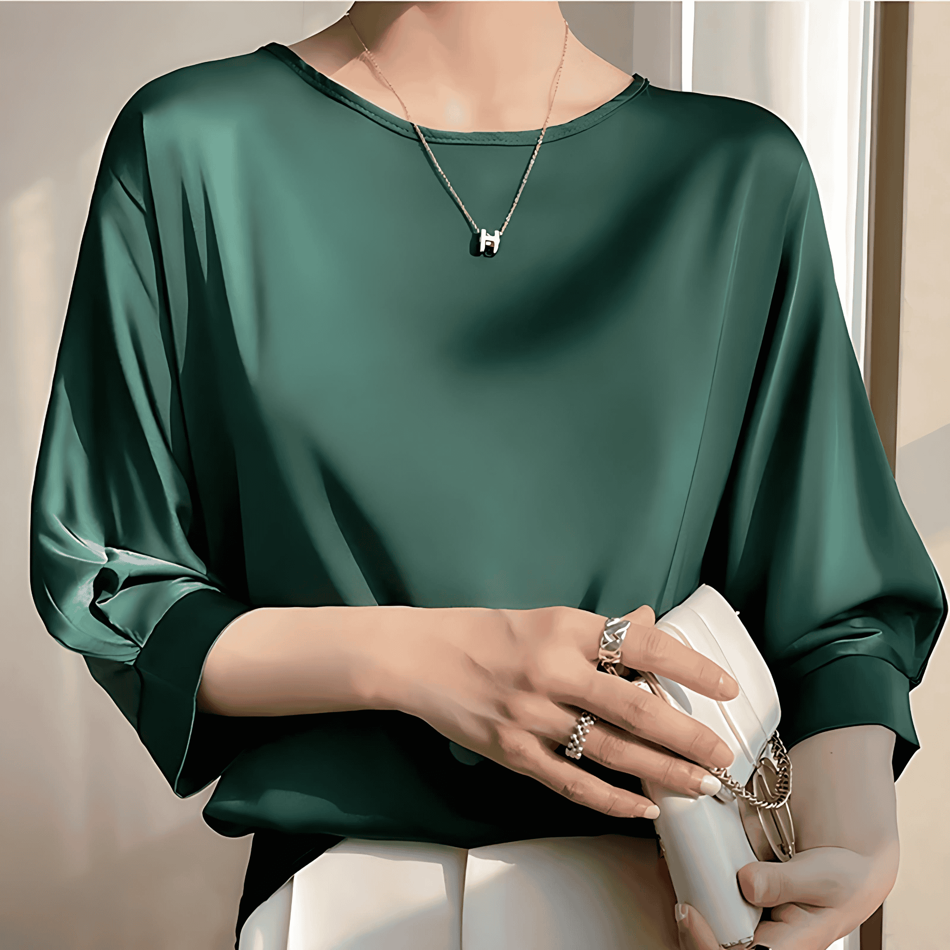 Rosgrove | Women - Satin Silk Half Sleeve Blouse - Elegant Style