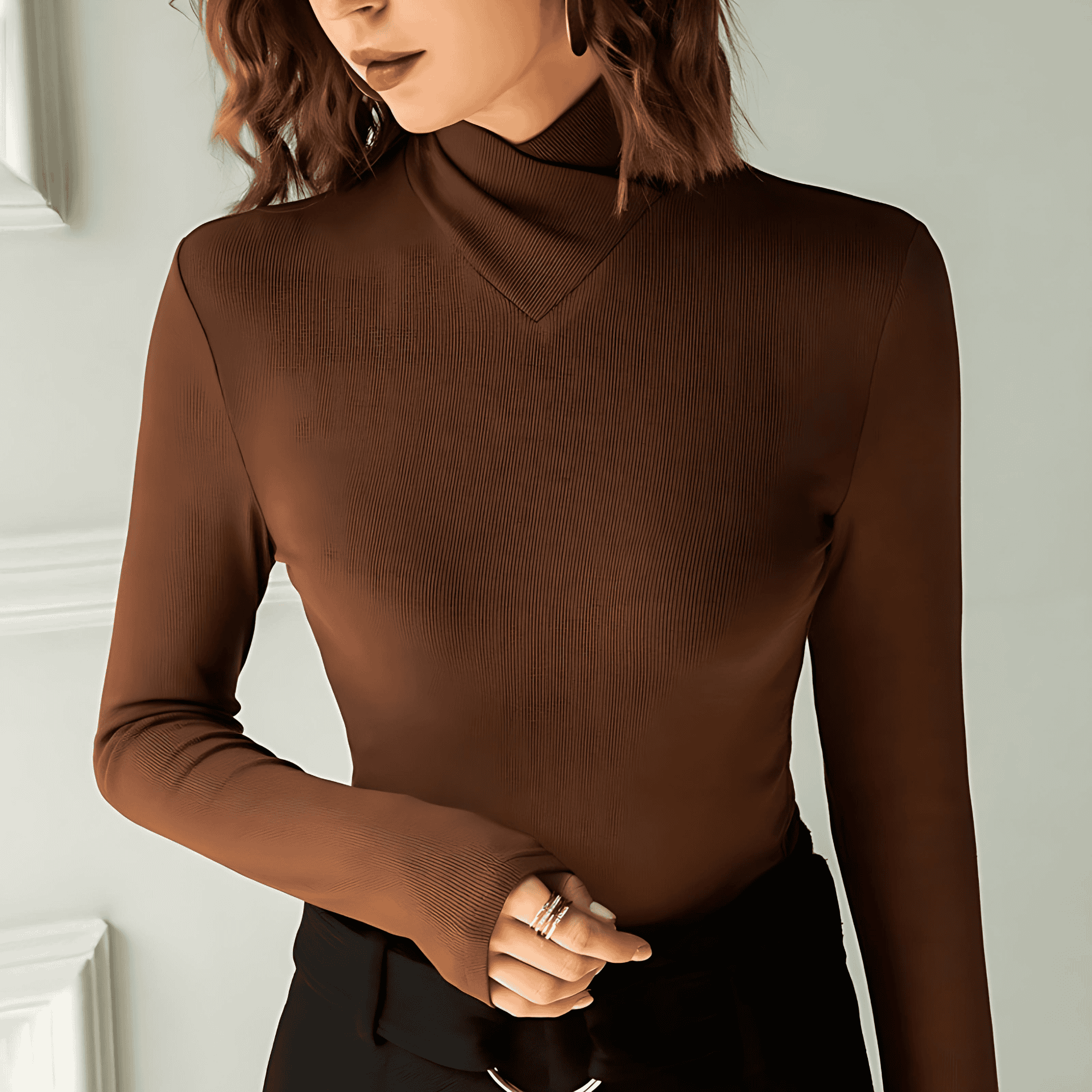 Rosgrove | Women - Slim Fit Turtleneck Top - Ribbed Draped Neck