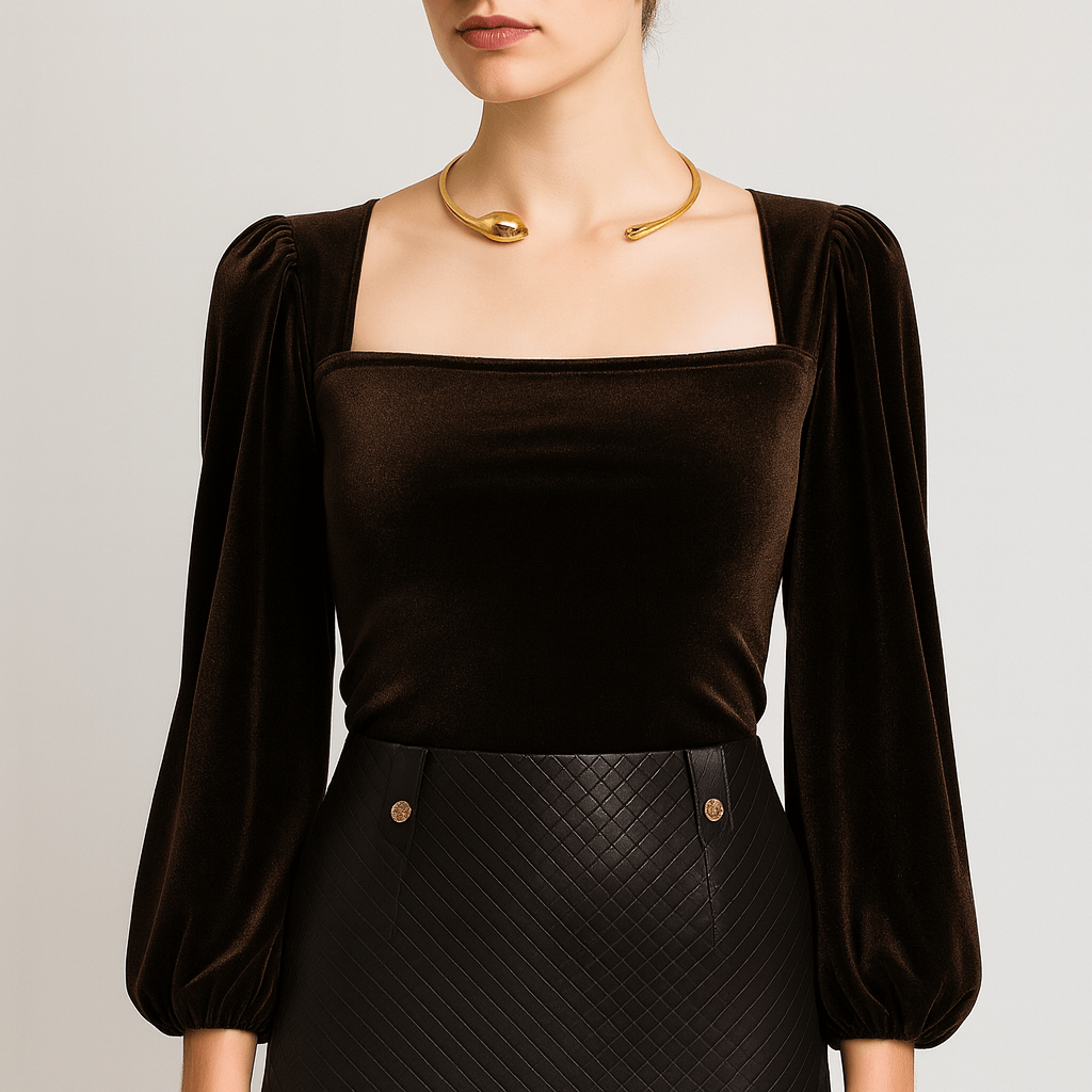 Rosgrove | Women - Square Neck Slim Velvet Top - Puff Sleeve