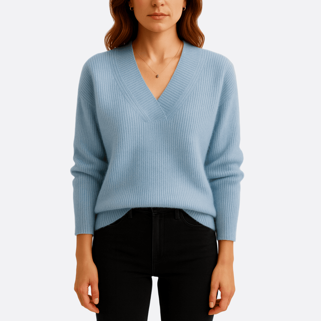 Rosgrove | Women - V-Neck Long Knit Sweatshirt – Ribbed Texture