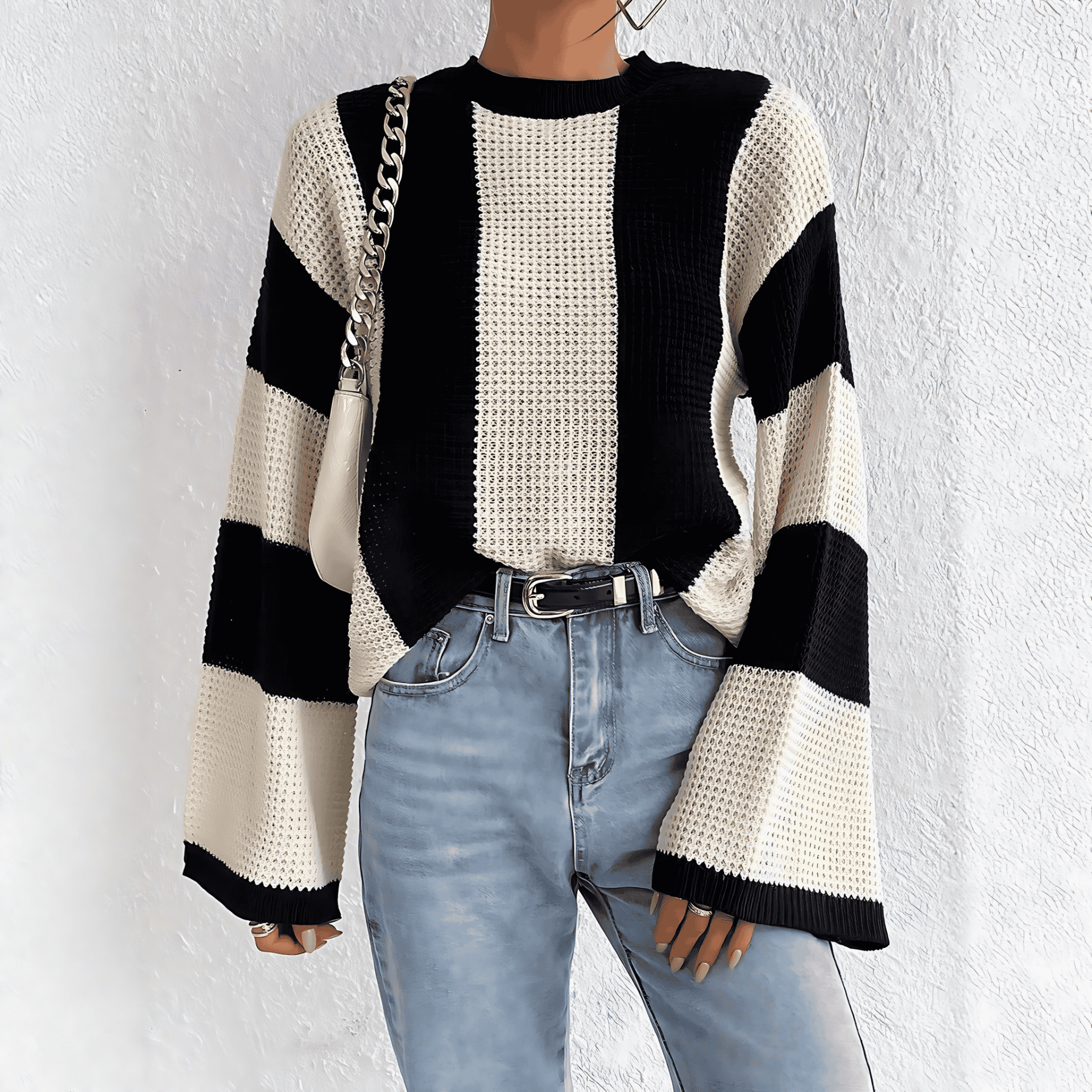 Rosgrove | Women - Wide Sleeves Knit Jumper - Honeycomb Pattern