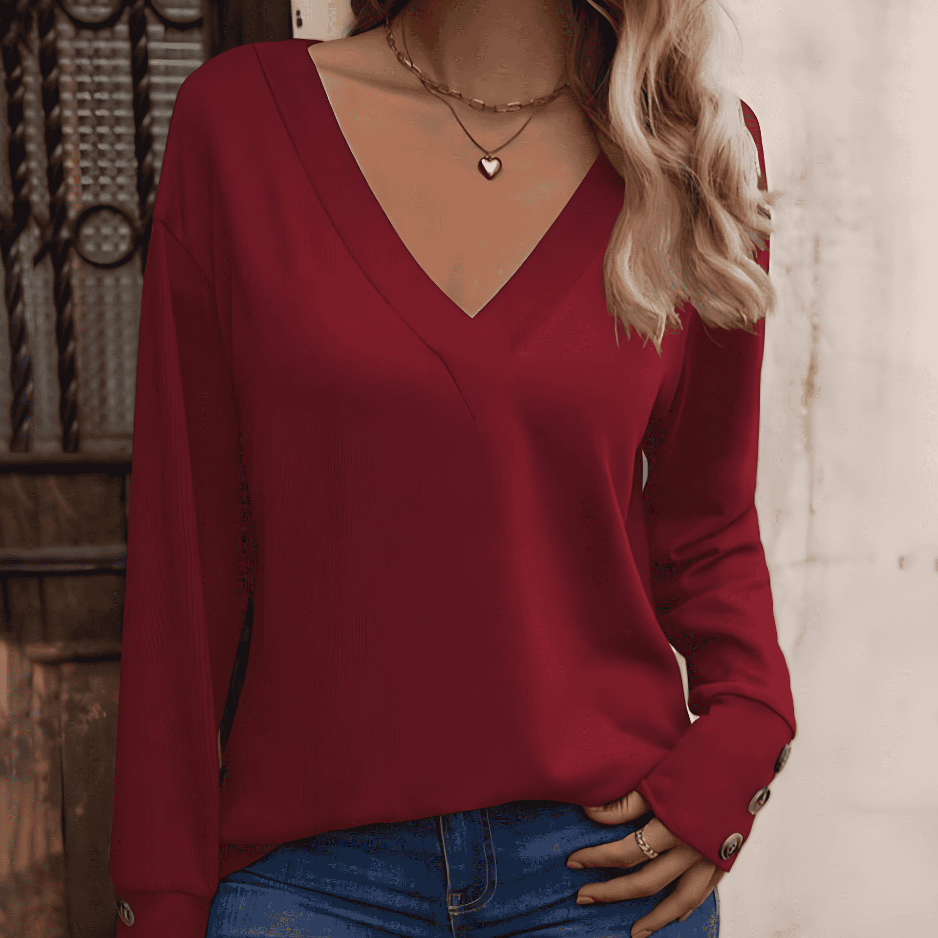 Rosgrove | Women - Stylish Plain Colour V-Neck Tops with Buttons