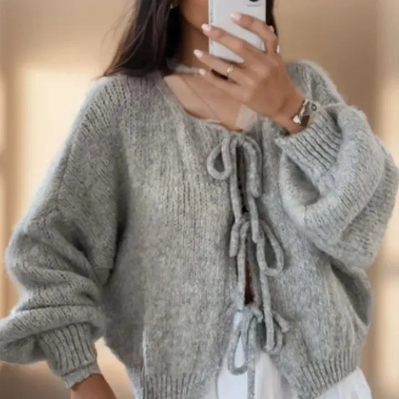 Rosgrove | Women - Balloon Sleeves Knitted Cardigan - Tie Front
