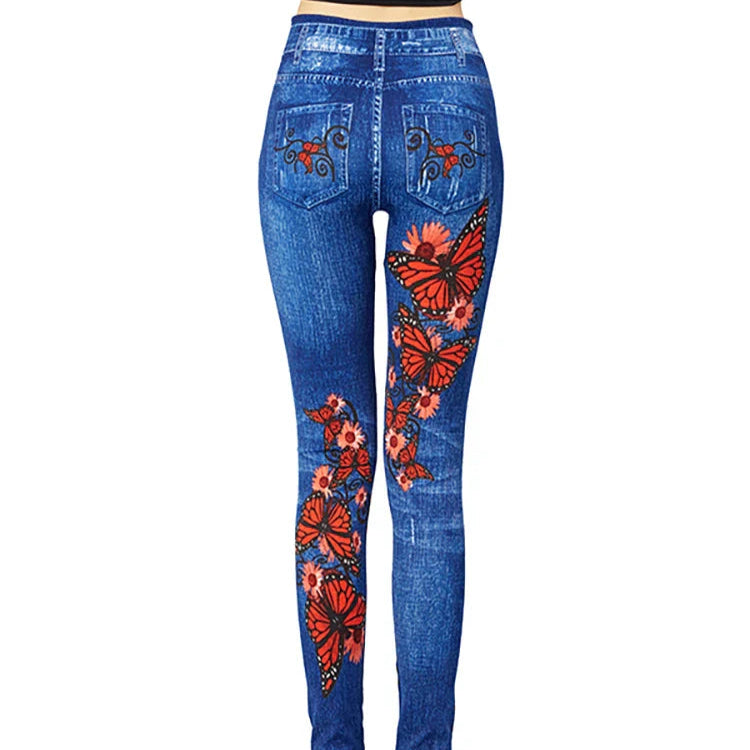 Rosgrove | Women - High-Waisted Jeggings with Butterfly Design