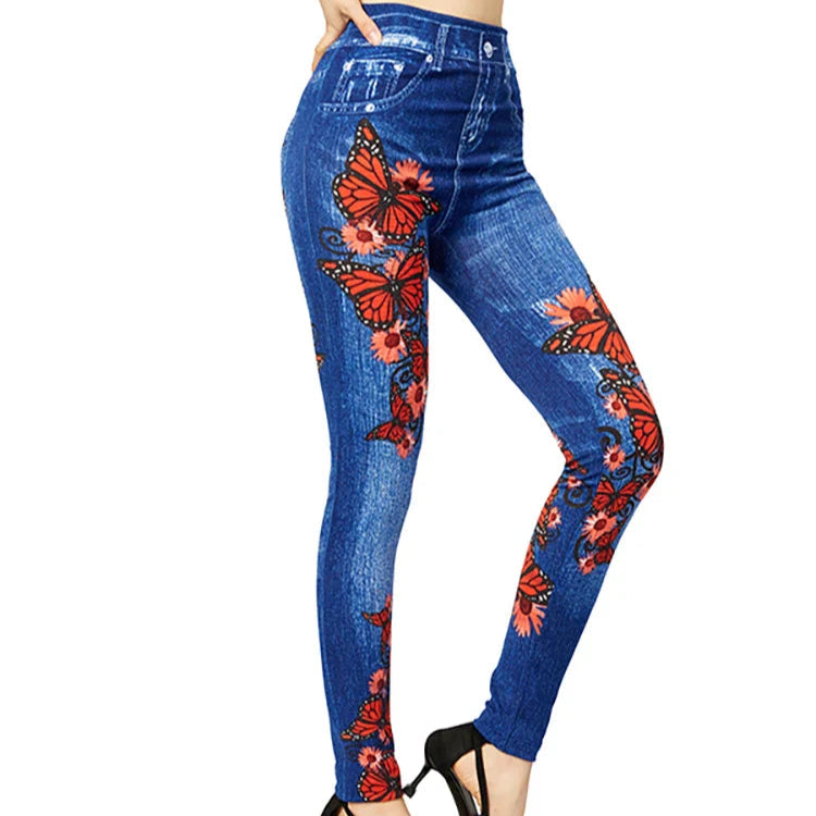 Rosgrove | Women - High-Waisted Jeggings with Butterfly Design