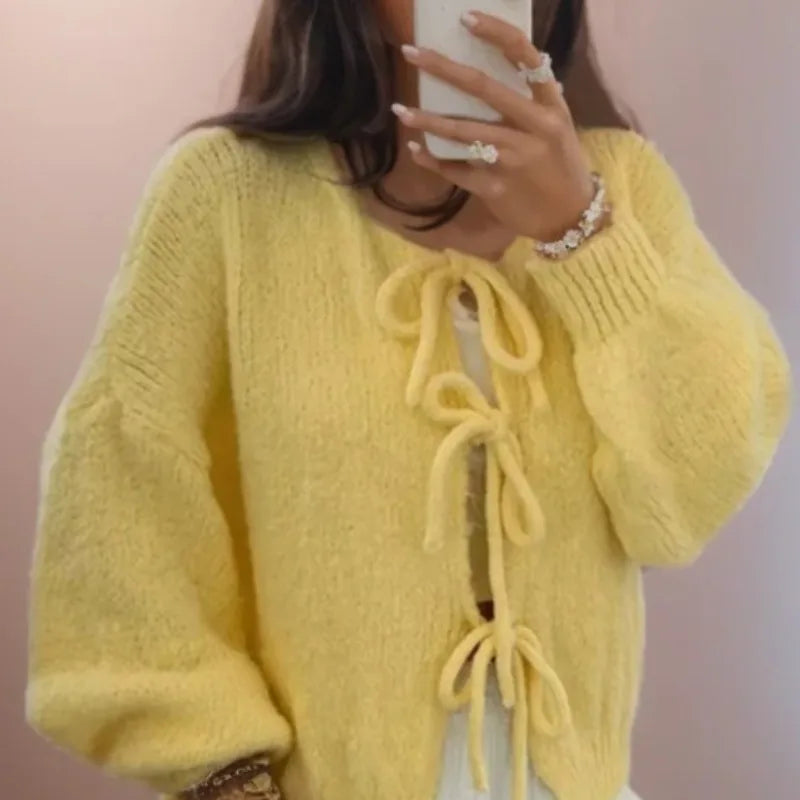 Rosgrove | Women - Balloon Sleeves Knitted Cardigan - Tie Front