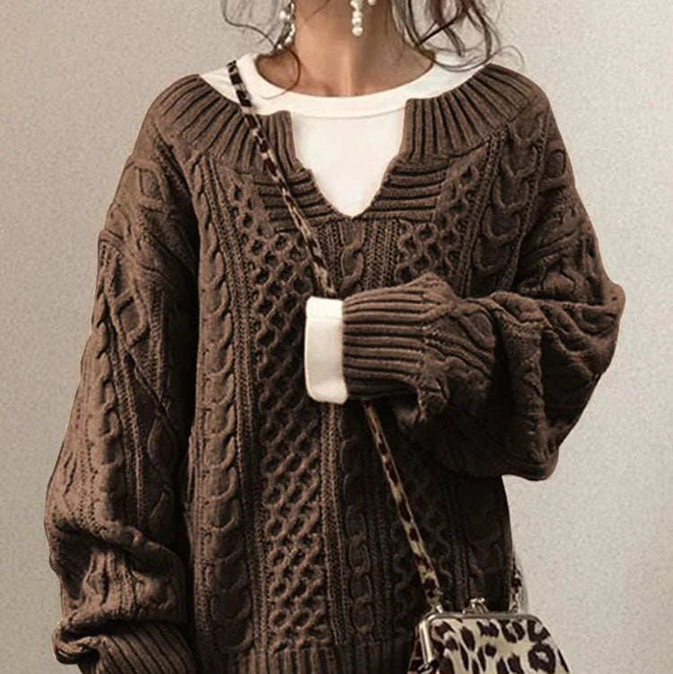 Rosgrove | Women - Cable Knit V-Neck Jumper - Oversized Comfort