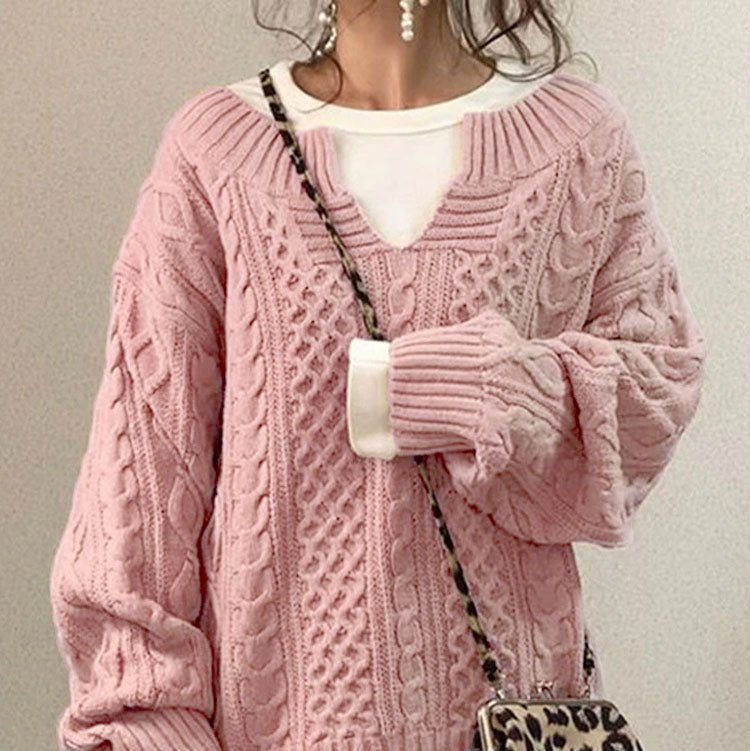 Rosgrove | Women - Cable Knit V-Neck Jumper - Oversized Comfort