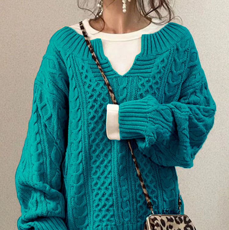 Rosgrove | Women - Cable Knit V-Neck Jumper - Oversized Comfort