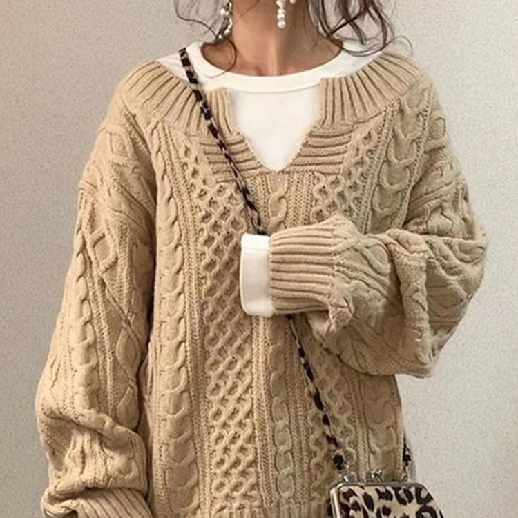 Rosgrove | Women - Cable Knit V-Neck Jumper - Oversized Comfort