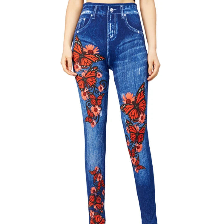 Rosgrove | Women - High-Waisted Jeggings with Butterfly Design