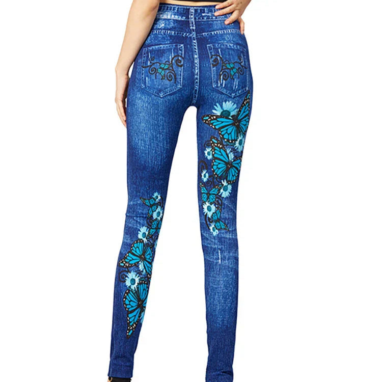 Rosgrove | Women - High-Waisted Jeggings with Butterfly Design