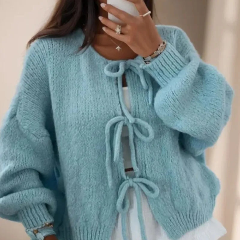 Rosgrove | Women - Balloon Sleeves Knitted Cardigan - Tie Front