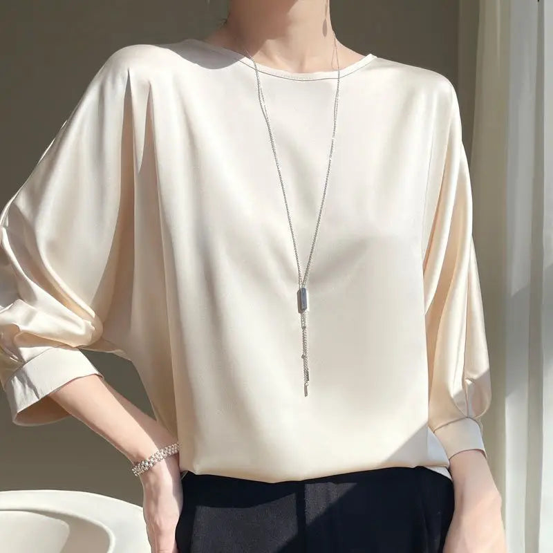 Rosgrove | Women - Satin Silk Half Sleeve Blouse - Elegant Style