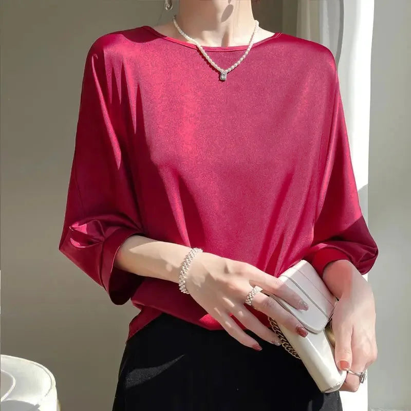 Rosgrove | Women - Satin Silk Half Sleeve Blouse - Elegant Style