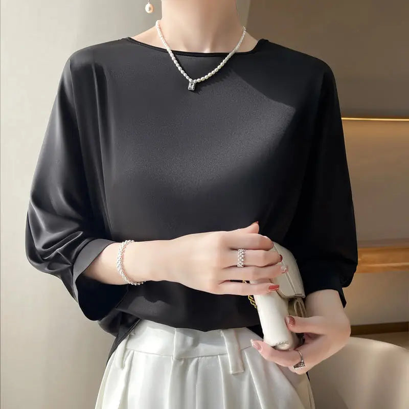 Rosgrove | Women - Satin Silk Half Sleeve Blouse - Elegant Style