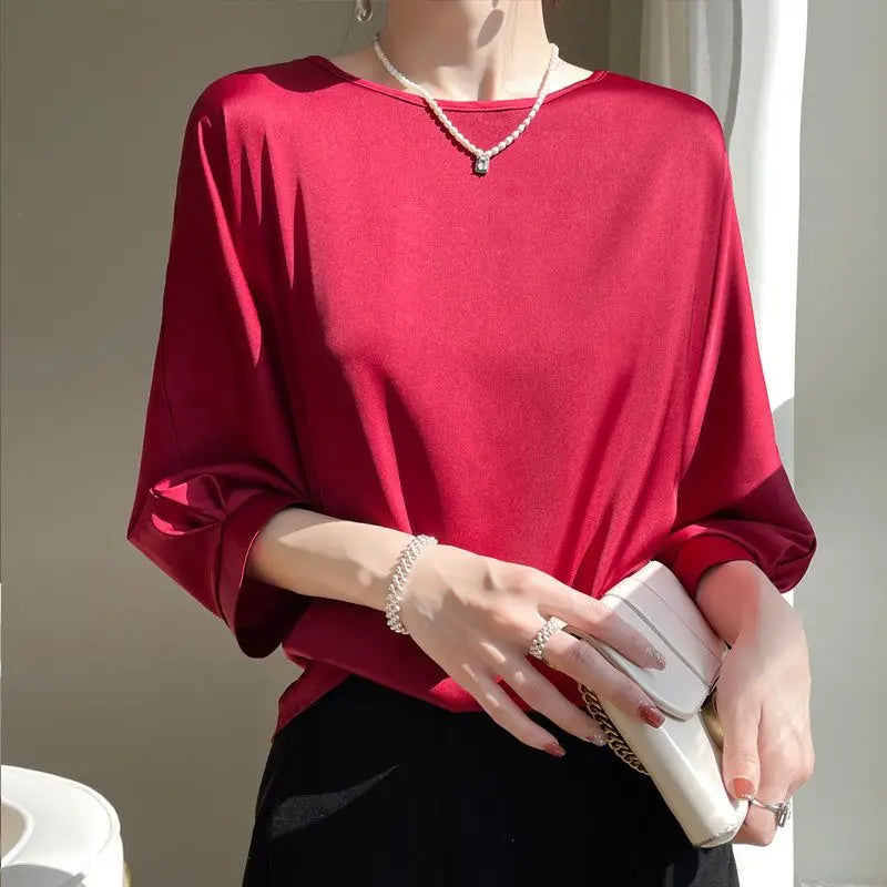 Rosgrove | Women - Satin Silk Half Sleeve Blouse - Elegant Style