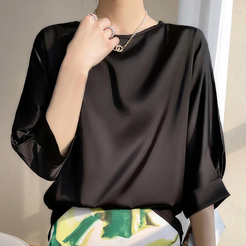 Rosgrove | Women - Satin Silk Half Sleeve Blouse - Elegant Style