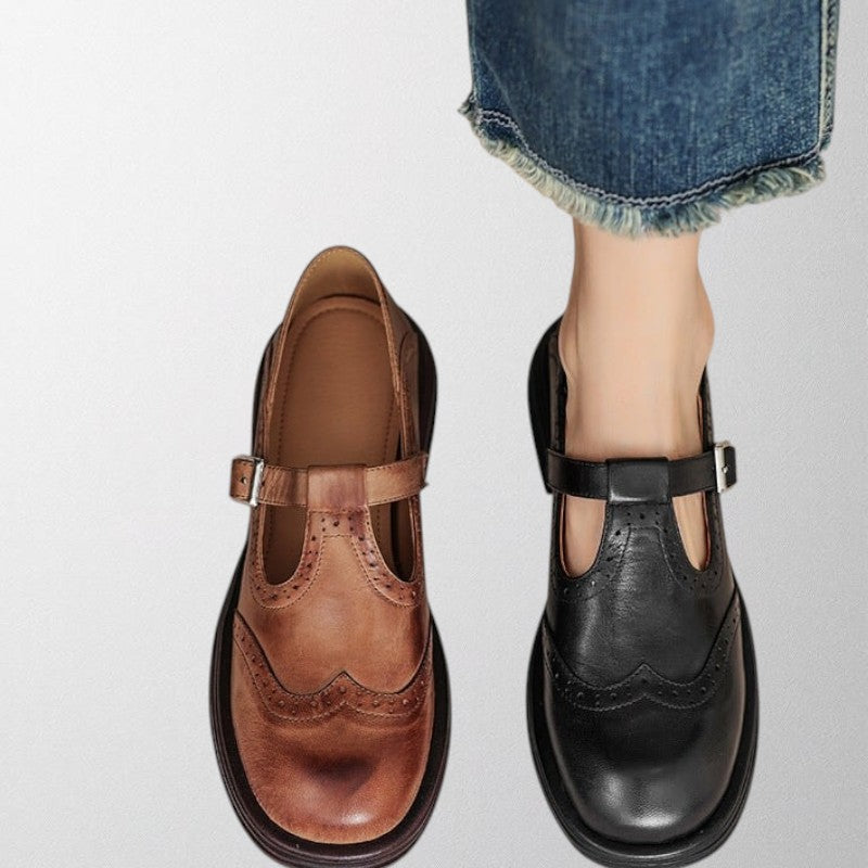 Rosgrove | Women - Round-Toe Brogue Flats with Buckle Strap