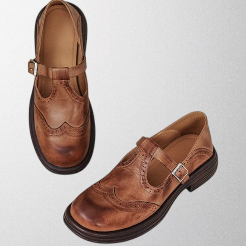 Rosgrove | Women - Round-Toe Brogue Flats with Buckle Strap