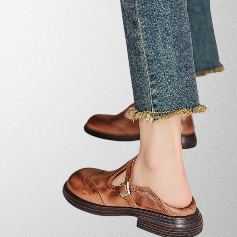 Rosgrove | Women - Round-Toe Brogue Flats with Buckle Strap