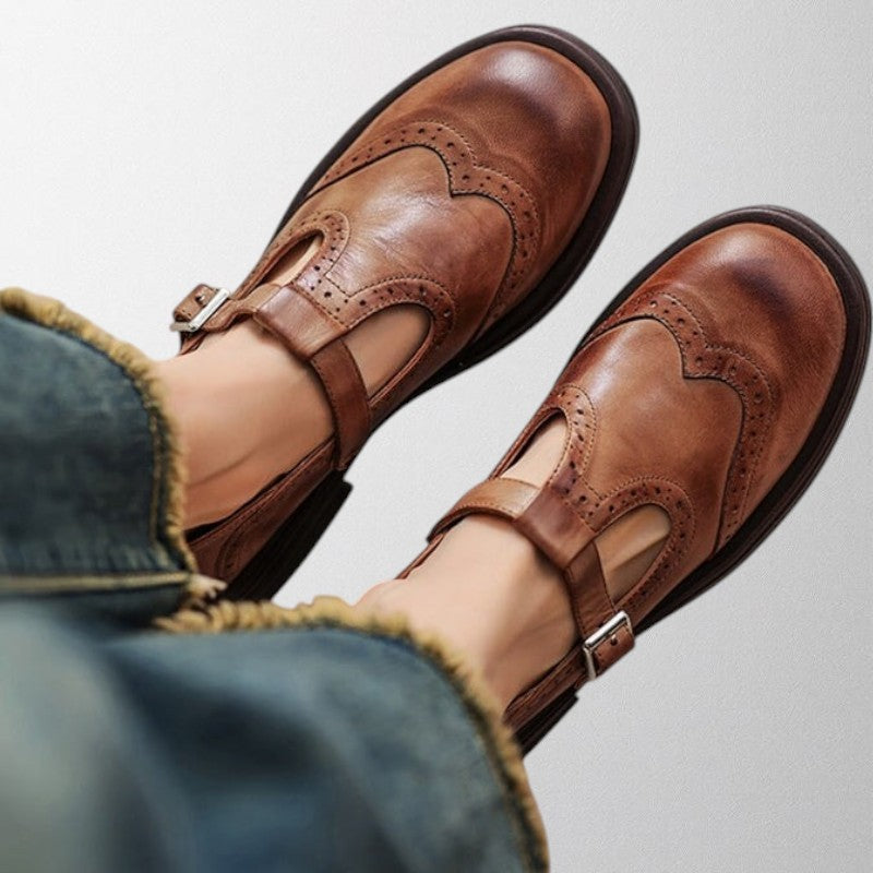 Rosgrove | Women - Round-Toe Brogue Flats with Buckle Strap