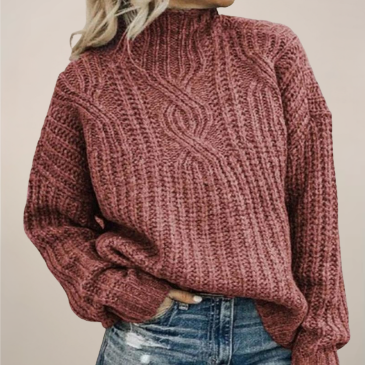 Rosgrove | Women - Cable Knit Mock Neck Jumper – Relaxed Fit