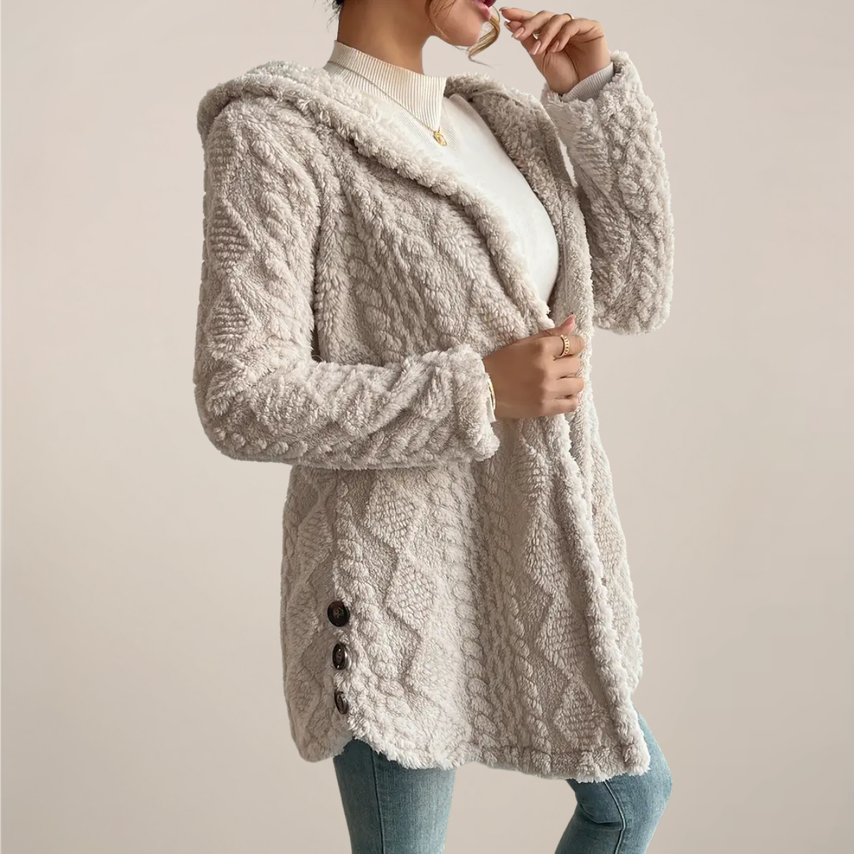 Rosgrove | Women - Hooded Jacquard Plush Coat - Cozy Cardigan