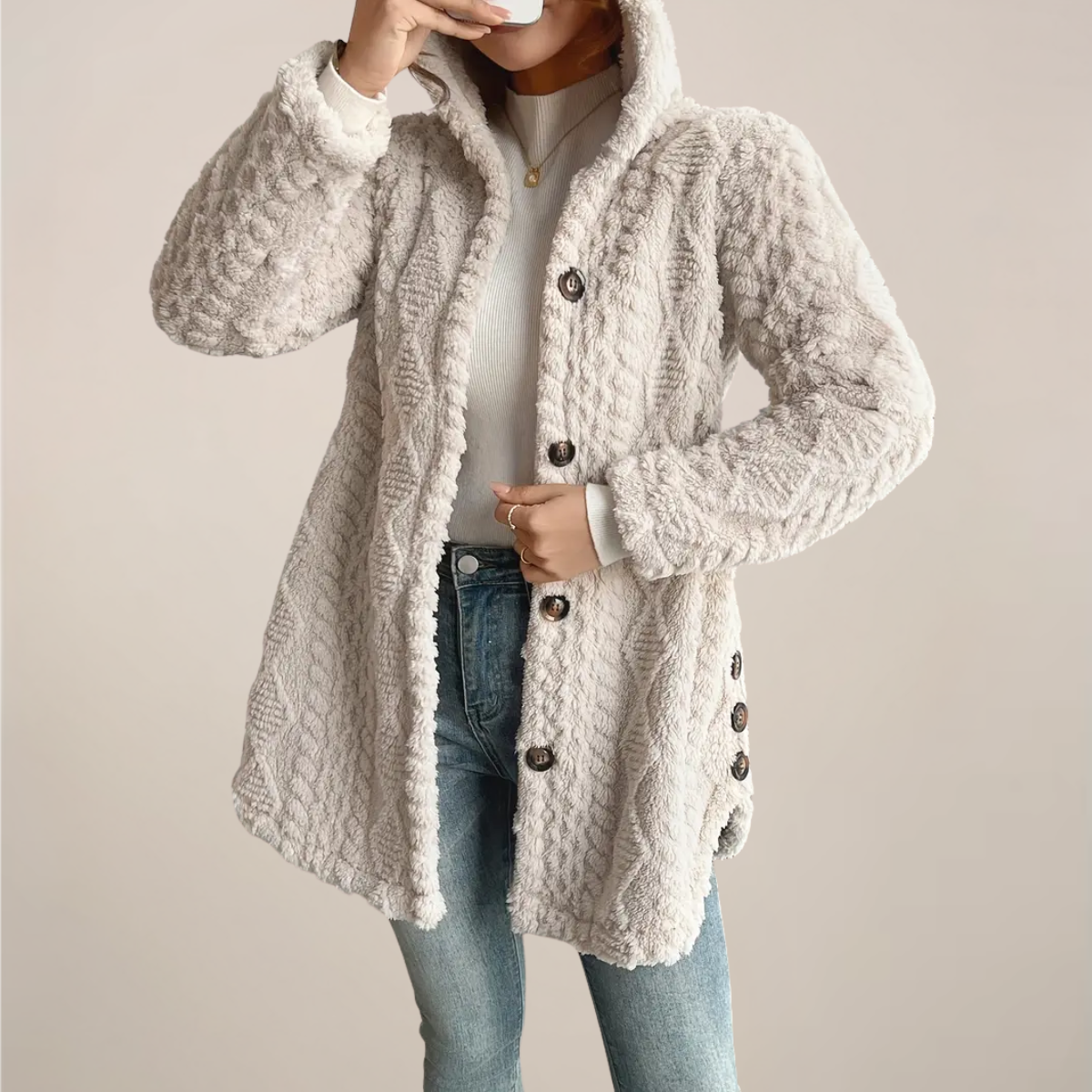 Rosgrove | Women - Hooded Jacquard Plush Coat - Cozy Cardigan