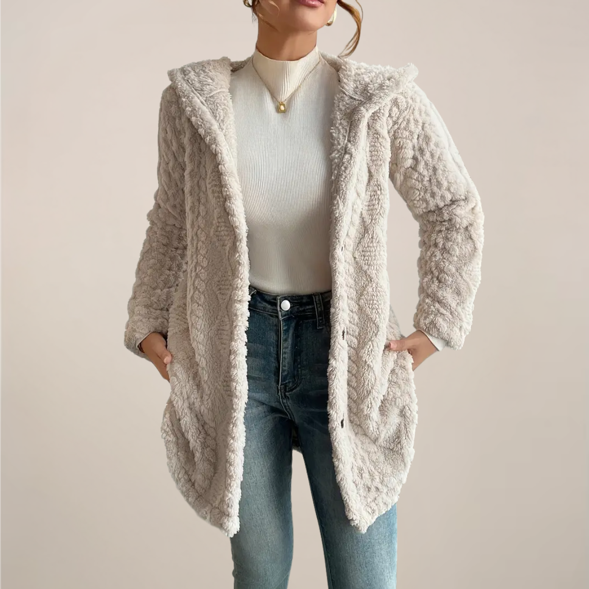 Rosgrove | Women - Hooded Jacquard Plush Coat - Cozy Cardigan
