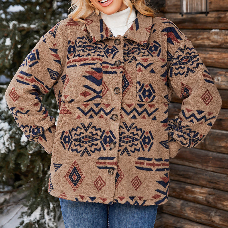 Rosgrove | Women - Oversized Plush Jacket - Fuzzy Geometric Pattern